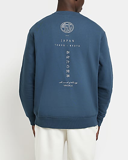 Blue Regular fit graphic Japanese sweatshirt