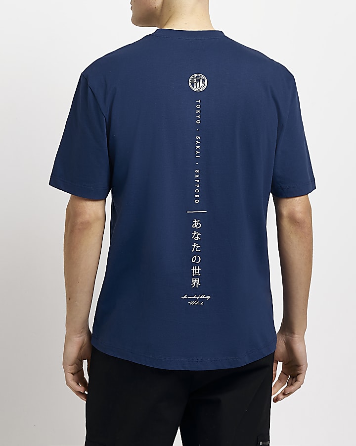 Blue Regular fit graphic Japanese t-shirt
