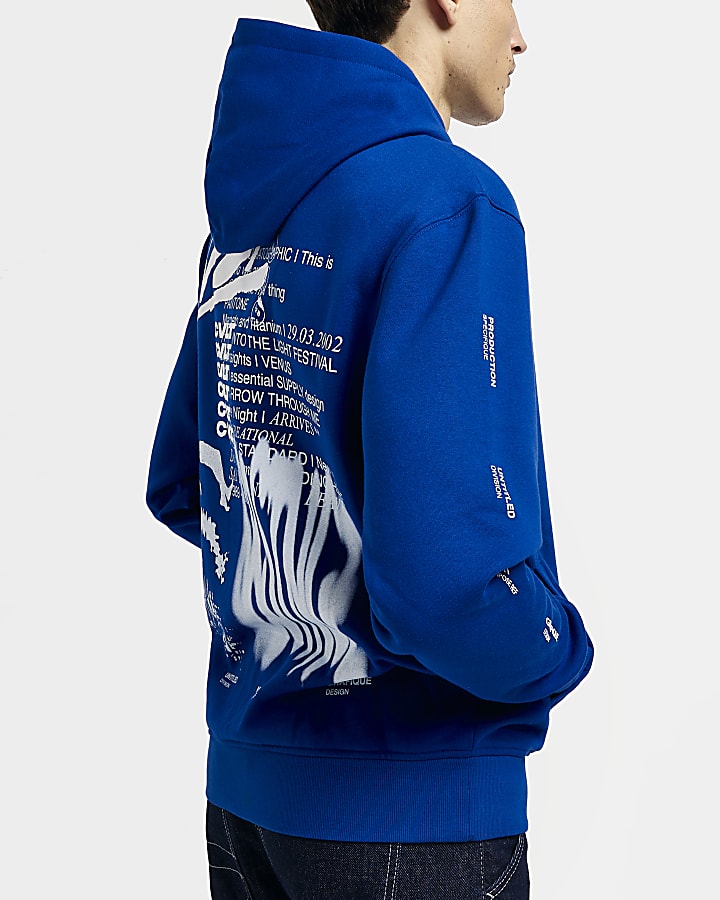 Blue regular fit graphic print hoodie