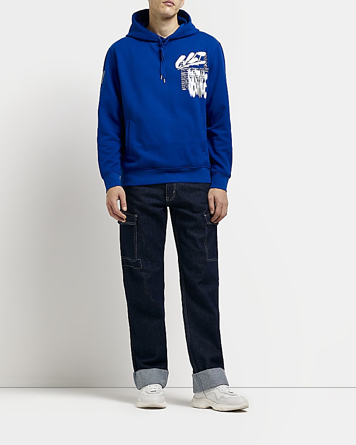 Blue regular fit graphic print hoodie