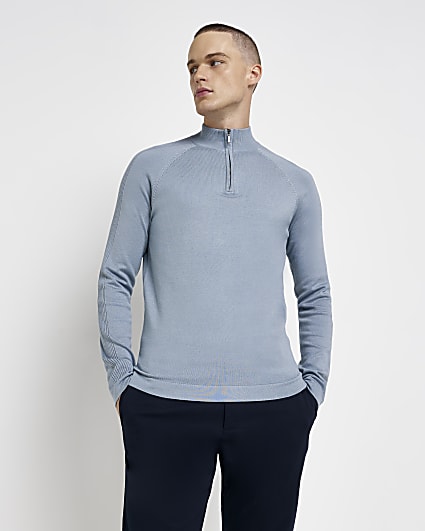Blue regular fit half zip detail jumper