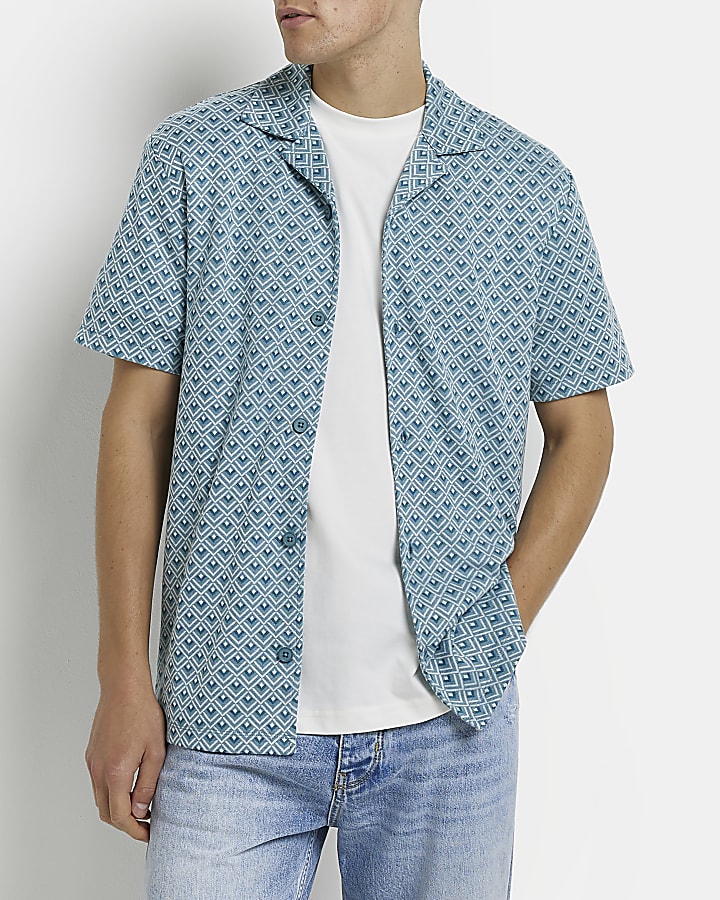 Blue Regular fit Jacquard print Revere shirt | River Island