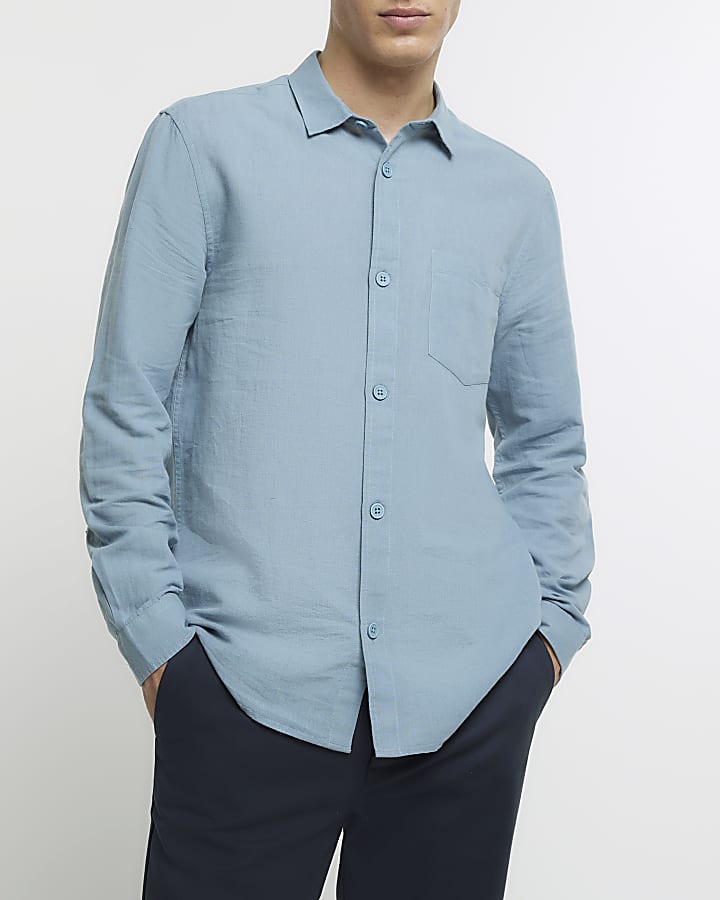 Blue regular fit linen blend smart shirt