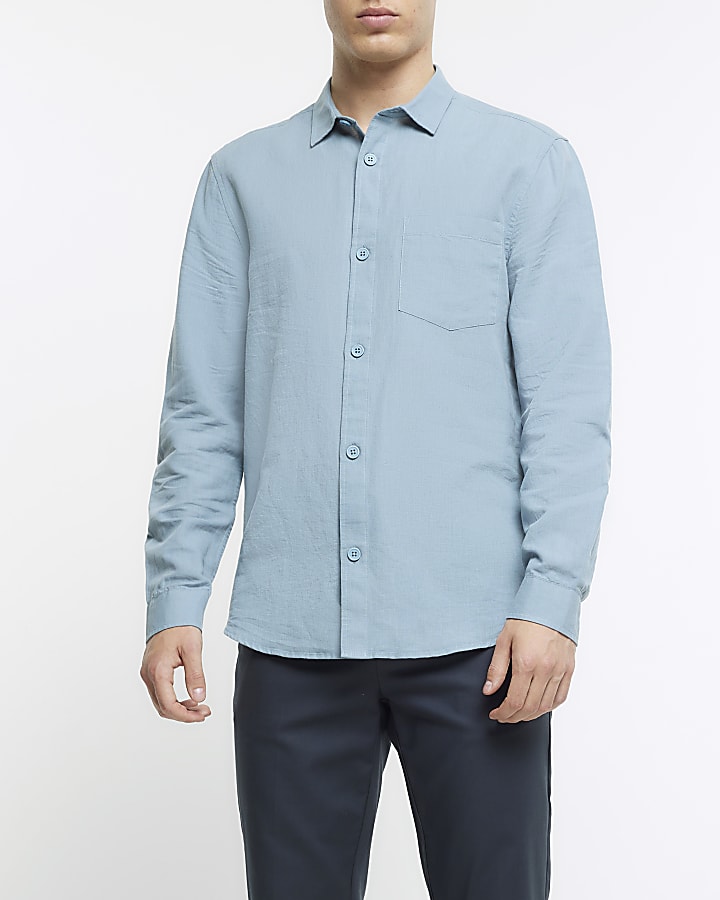 Blue regular fit linen blend smart shirt