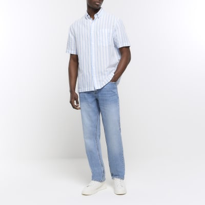 Blue regular fit linen blend striped shirt