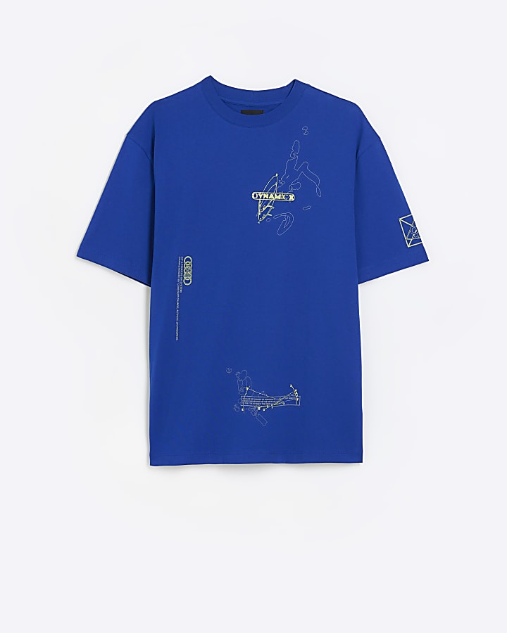 Blue regular fit multi graphic print t-shirt