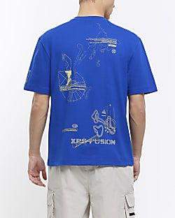 Blue regular fit multi graphic print t-shirt