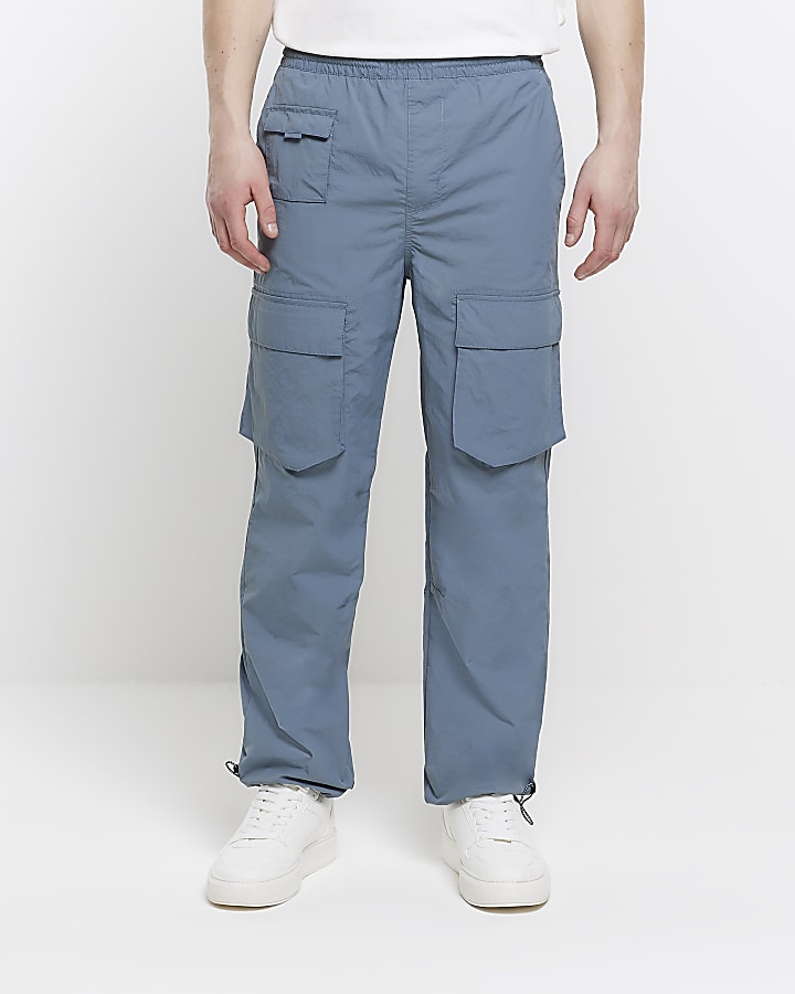 Blue regular fit nylon cargo trousers