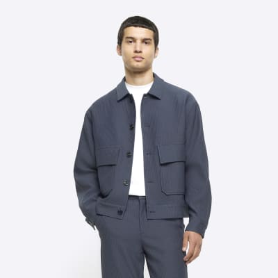 Blue regular fit plisse Harrington jacket | River Island