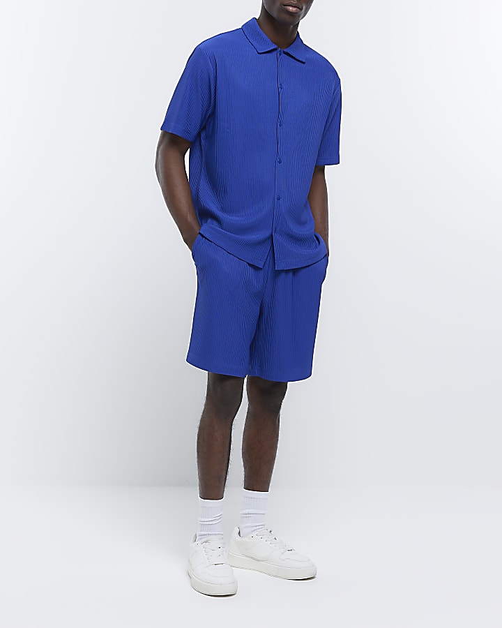 Blue regular fit plisse shorts