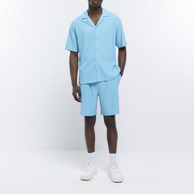 Blue regular fit plisse shorts