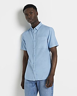 Blue Regular fit short sleeve Lyocell shirt