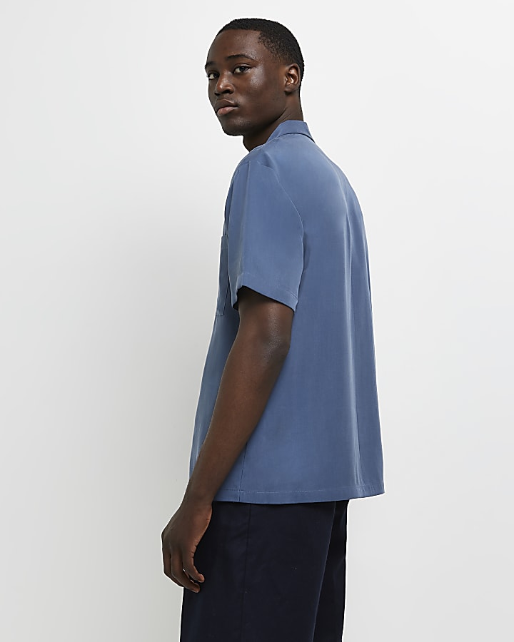Blue regular fit short sleeve lyocell shirt