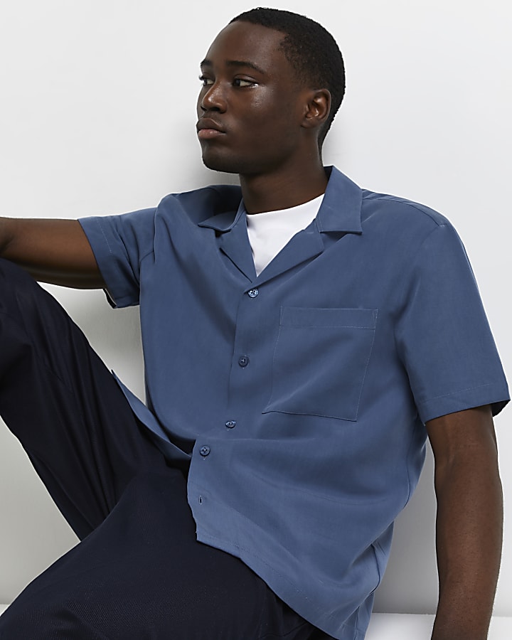 Blue regular fit short sleeve lyocell shirt