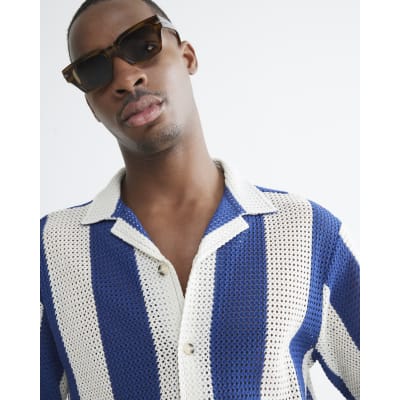 Blue Regular Fit Stripe Crochet Shirt