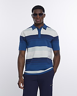 Blue regular fit striped knitted polo shirt