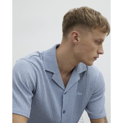 Blue Regular Fit Textured Embroidered Shirt