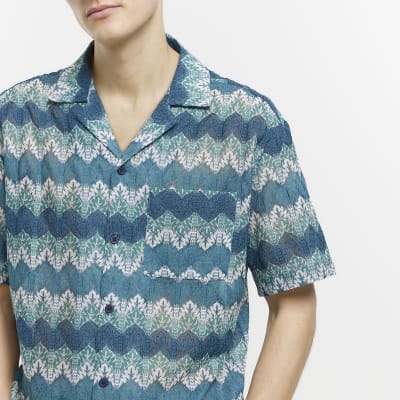 Blue regular fit zig zag revere shirt River Island