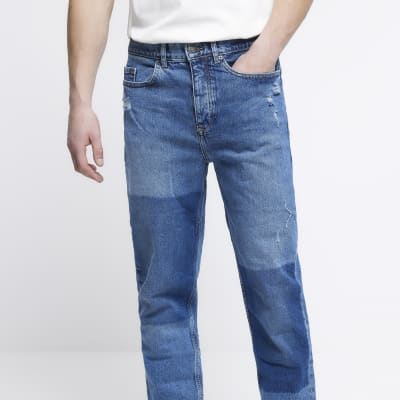 Blue Relaxed loose fit patchwork jeans River Island