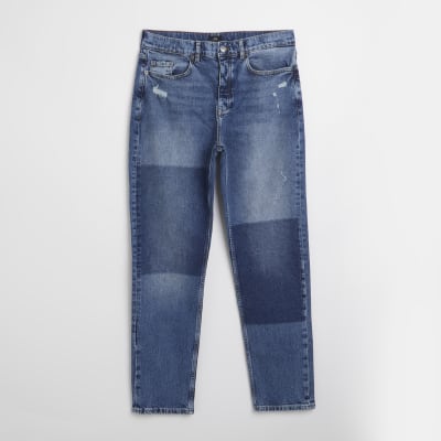 Blue Relaxed loose fit patchwork jeans River Island