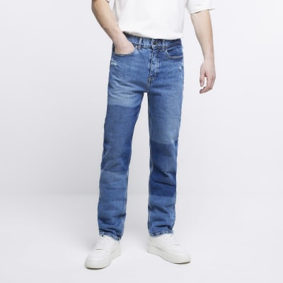 Blue Relaxed loose fit patchwork jeans River Island