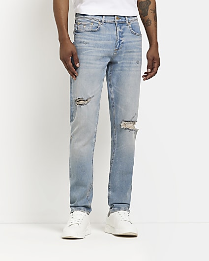 Blue relaxed Skinny fit ripped jeans