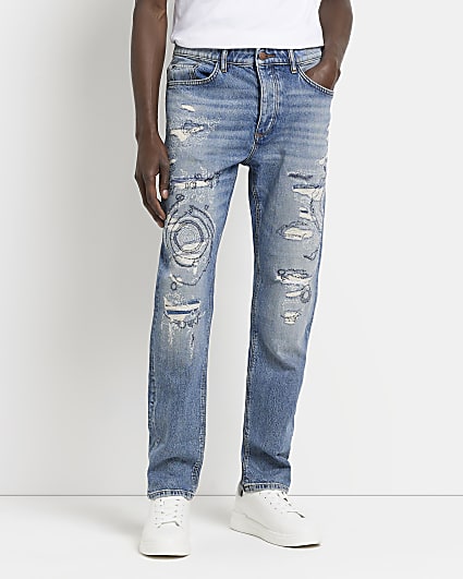 Blue Relaxed slim fit embroidered ripped jean