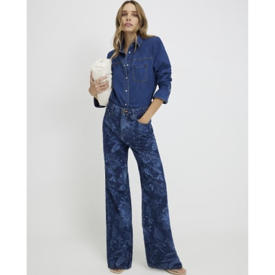 Blue Relaxed Straight Floral Print Jeans