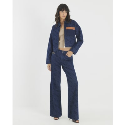 Blue Relaxed Straight Monogram Print Jeans