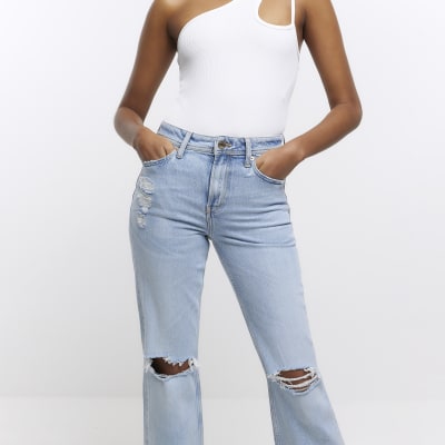 Blue relaxed straight ripped jeans | River Island