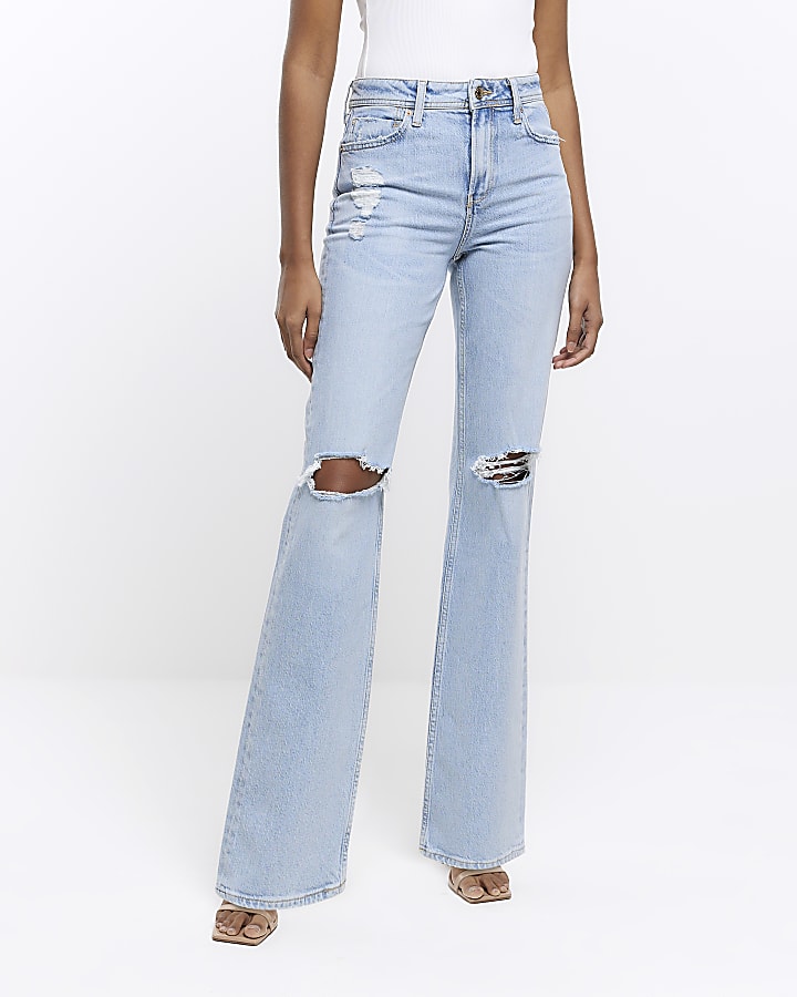 Blue relaxed straight ripped jeans
