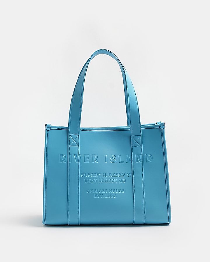 Blue RI monogram embossed shopper bag