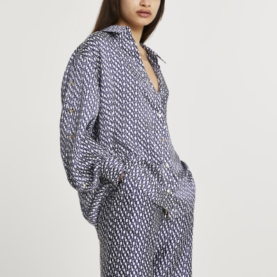 Blue RI monogram print boyfriend shirt River Island