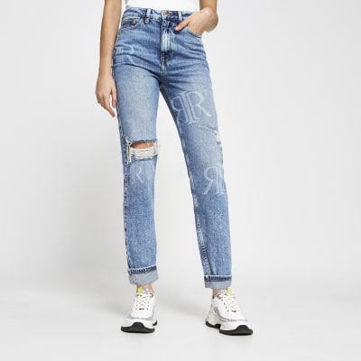 Blue RI monogram rip mom jeans | River Island