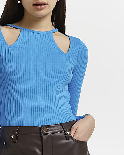 Blue ribbed cut out knit top