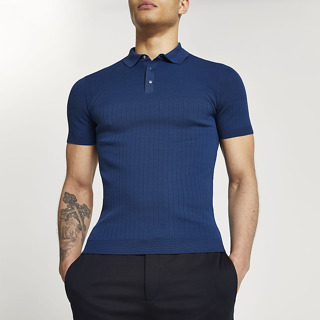 Blue ribbed muscle fit polo shirt | River Island