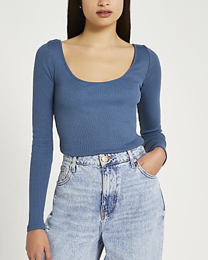 Blue ribbed scoop neck top