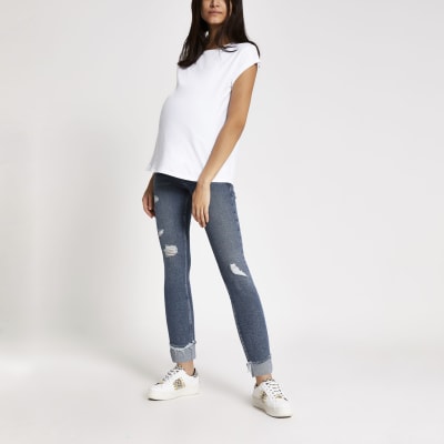 Blue ripped Amelie overbump maternity jeans