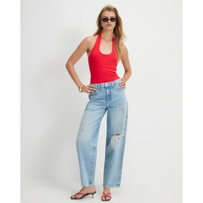 Blue Ripped Barrel Leg Jeans