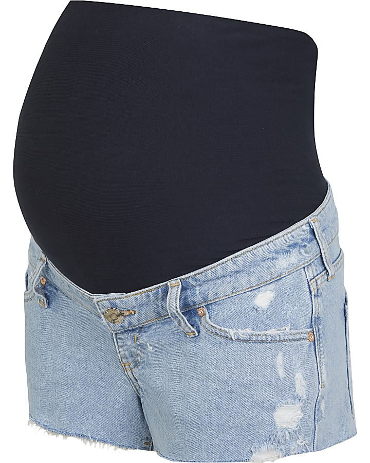 Blue ripped denim maternity shorts
