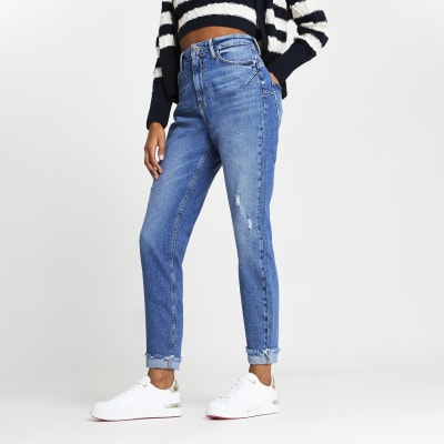 Blue Ripped High Rise Mom Shape Jeans River Island