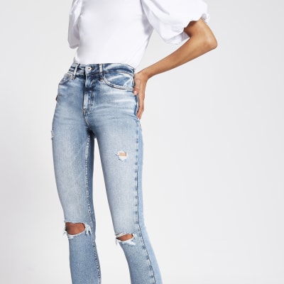 Blue Ripped High Rise Skinny Jeans River Island