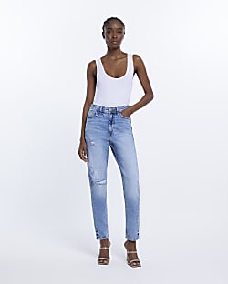 Blue ripped high waist mom jeans