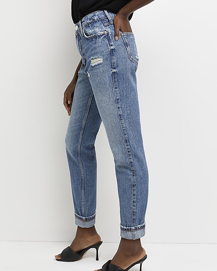 Blue ripped high waisted mom jeans