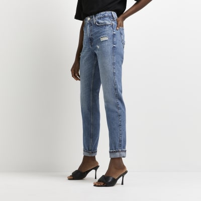 Blue Ripped High Waisted Mom Jeans River Island