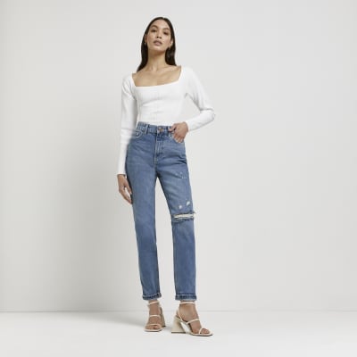 Blue Ripped High Waisted Mom Jeans River Island