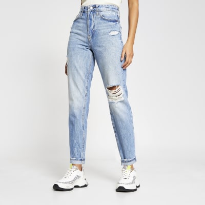 blue ripped high waist tori mom jeans