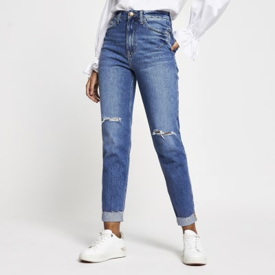 Blue ripped high waisted mom stretch jean | River Island
