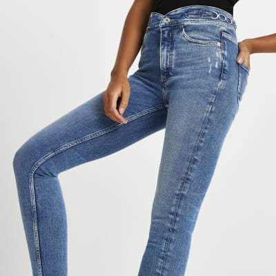 high waisted blue ripped skinny jeans