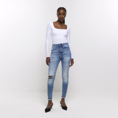 High waisted blue store ripped jeans